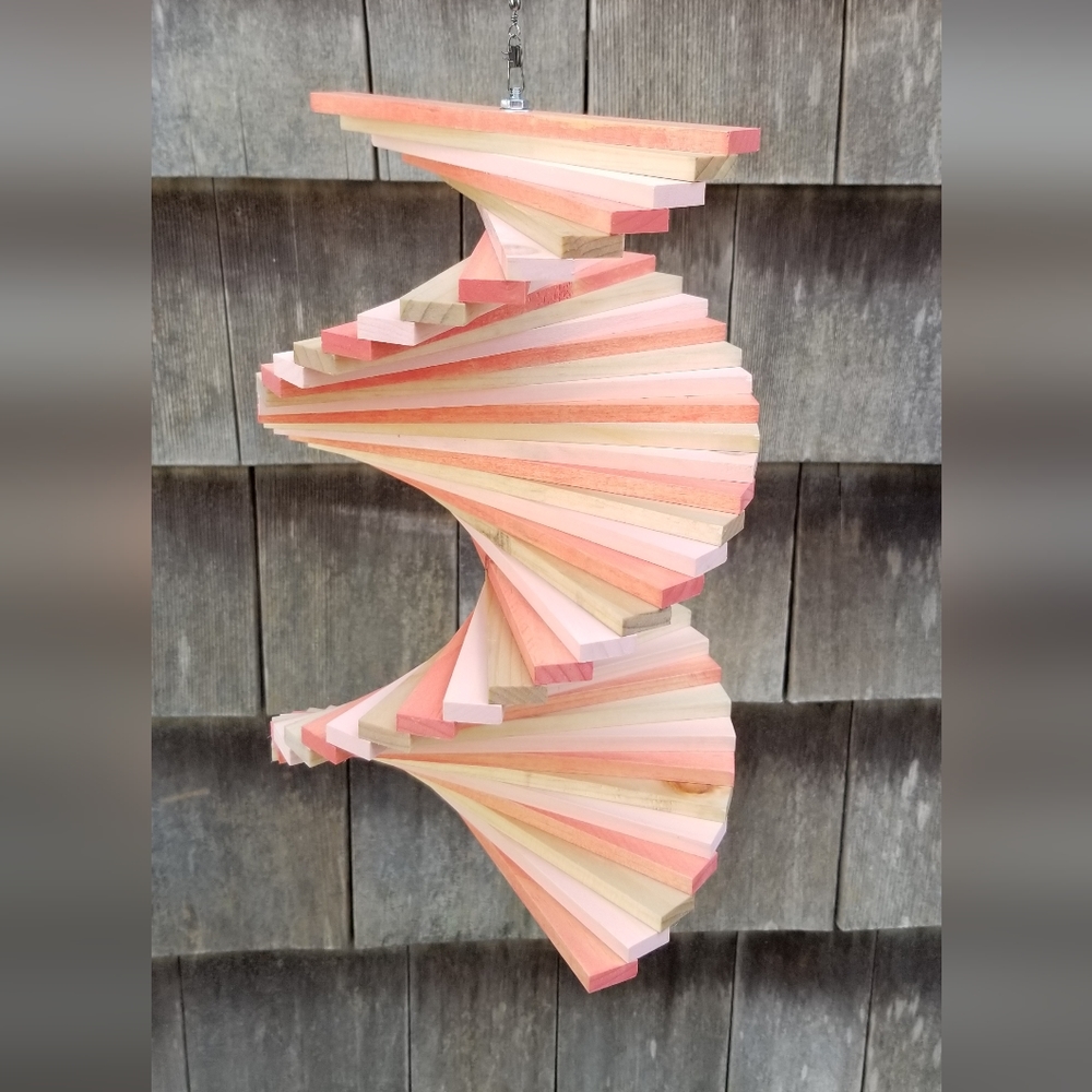 Wooden Wood Spinner Stained pink coral twister Windmill Windchime summer peach